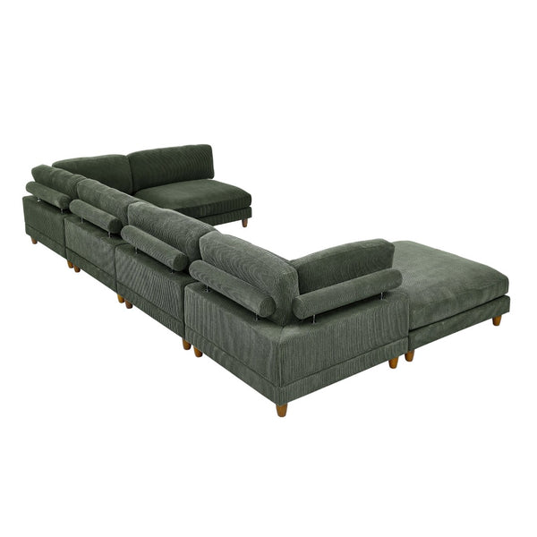 English Elm Large Corduroy Modular Sectional Sofa with Wooden Legs for Casual Living Rooms Dark Green B2748S00214