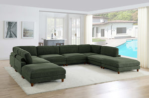 English Elm Large Corduroy Modular Sectional Sofa with Wooden Legs Mid-century Living Room Seating Dark Green B2748S00215