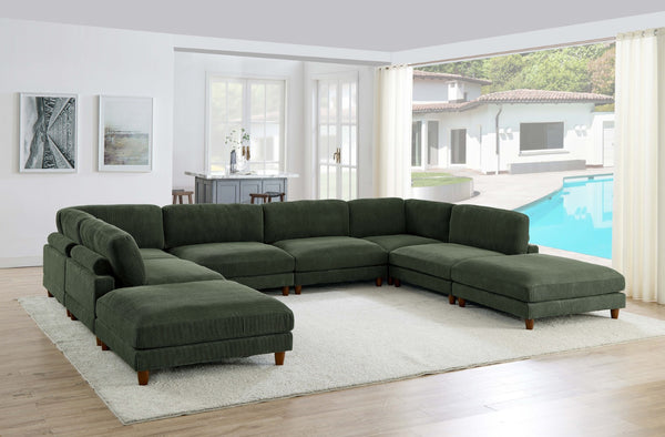 English Elm Large Corduroy Modular Sectional Sofa with Wooden Legs Mid-century Living Room Seating Dark Green B2748S00215