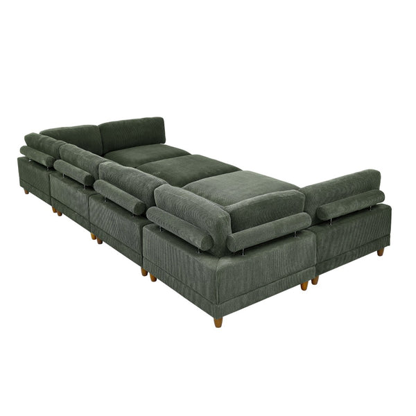 English Elm Large Corduroy Modular Sectional Sofa with Wooden Legs Mid-century Living Room Seating Dark Green B2748S00215