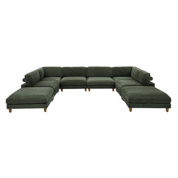English Elm Large Corduroy Modular Sectional Sofa with Wooden Legs Mid-century Living Room Seating Dark Green B2748S00215
