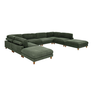English Elm Large Corduroy Modular Sectional Sofa with Wooden Legs Mid-century Living Room Seating Dark Green B2748S00215