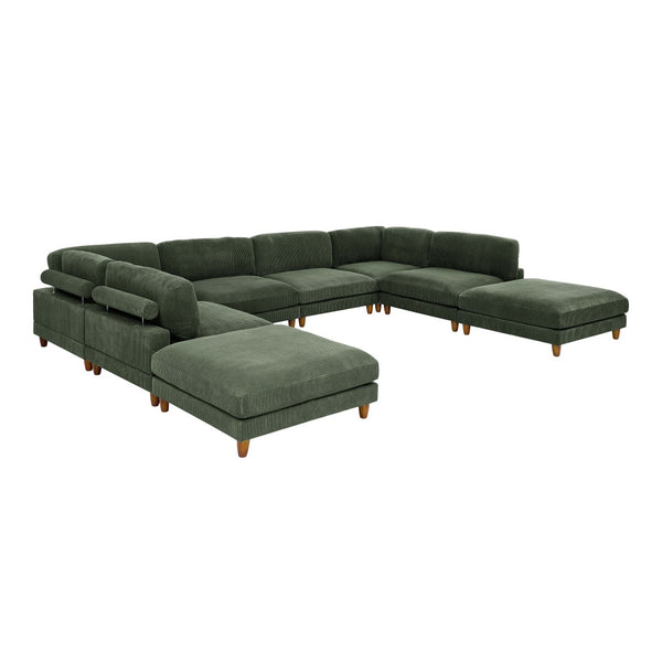 English Elm Large Corduroy Modular Sectional Sofa with Wooden Legs Mid-century Living Room Seating Dark Green B2748S00215