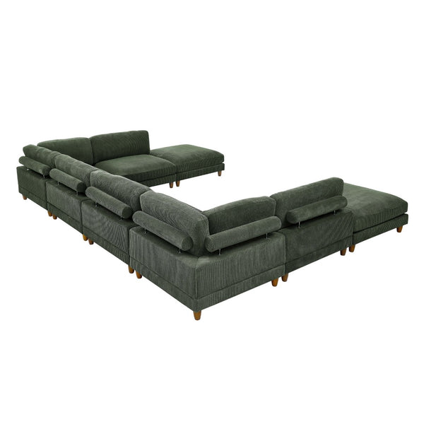 English Elm Large Corduroy Modular Sectional Sofa with Wooden Legs Mid-century Living Room Seating Dark Green B2748S00215