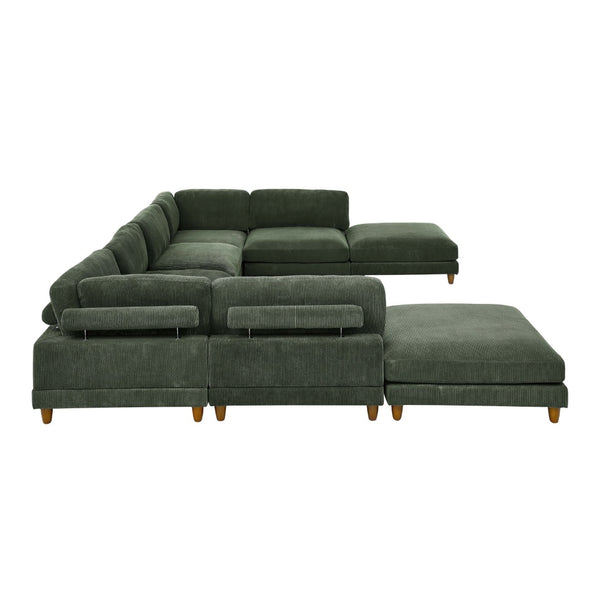 English Elm Large Corduroy Modular Sectional Sofa with Wooden Legs Mid-century Living Room Seating Dark Green B2748S00215