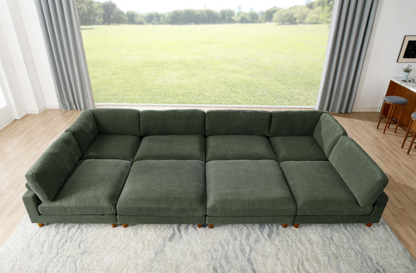 English Elm Large Corduroy Modular Sectional Sofa with Wooden Legs Mid-century Living Room Seating Dark Green B2748S00215