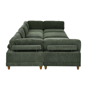 English Elm Large Corduroy Modular Sectional Sofa with Wooden Legs Mid-century Living Room Seating Dark Green B2748S00215