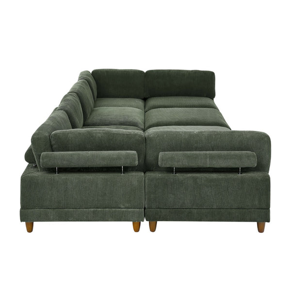 English Elm Large Corduroy Modular Sectional Sofa with Wooden Legs Mid-century Living Room Seating Dark Green B2748S00215