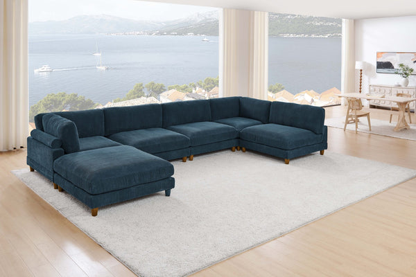 English Elm Large Corduroy Modular Sectional Sofa with Wooden Legs for Casual Living Rooms Dark Blue B2748S00216