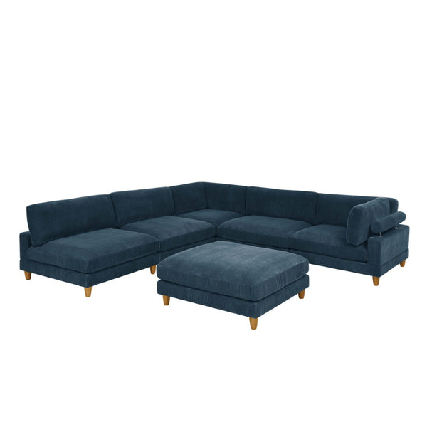 English Elm Large Corduroy Modular Sectional Sofa with Wooden Legs for Casual Living Rooms Dark Blue B2748S00216