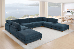 English Elm Large Corduroy Modular Sectional Sofa with Wooden Legs Mid-century Living Room Seating Dark Blue B2748S00217