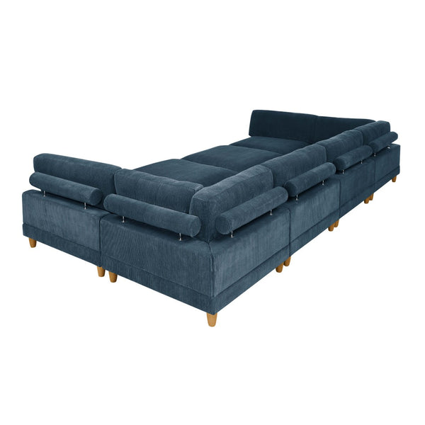 English Elm Large Corduroy Modular Sectional Sofa with Wooden Legs Mid-century Living Room Seating Dark Blue B2748S00217