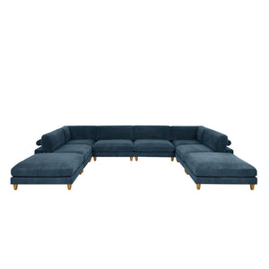 English Elm Large Corduroy Modular Sectional Sofa with Wooden Legs Mid-century Living Room Seating Dark Blue B2748S00217