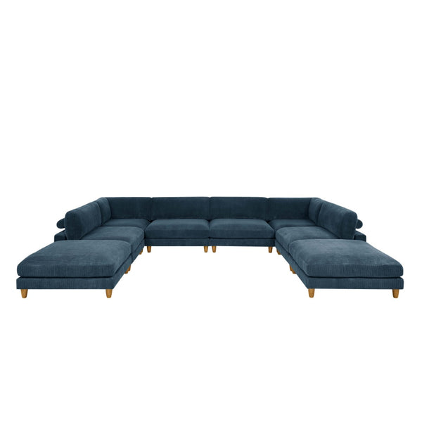 English Elm Large Corduroy Modular Sectional Sofa with Wooden Legs Mid-century Living Room Seating Dark Blue B2748S00217