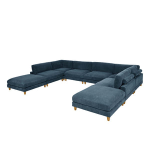 English Elm Large Corduroy Modular Sectional Sofa with Wooden Legs Mid-century Living Room Seating Dark Blue B2748S00217