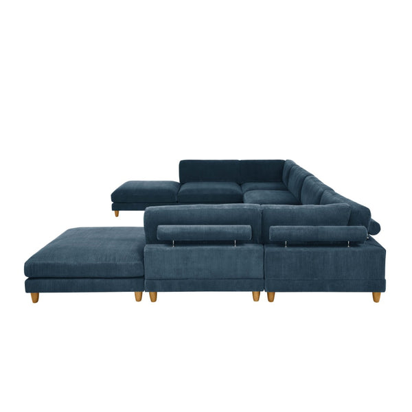 English Elm Large Corduroy Modular Sectional Sofa with Wooden Legs Mid-century Living Room Seating Dark Blue B2748S00217