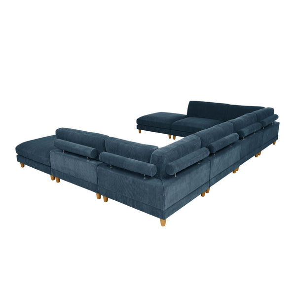 English Elm Large Corduroy Modular Sectional Sofa with Wooden Legs Mid-century Living Room Seating Dark Blue B2748S00217