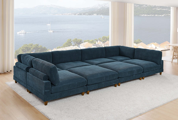 English Elm Large Corduroy Modular Sectional Sofa with Wooden Legs Mid-century Living Room Seating Dark Blue B2748S00217