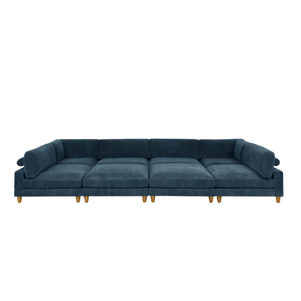 English Elm Large Corduroy Modular Sectional Sofa with Wooden Legs Mid-century Living Room Seating Dark Blue B2748S00217