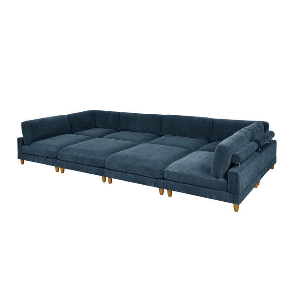 English Elm Large Corduroy Modular Sectional Sofa with Wooden Legs Mid-century Living Room Seating Dark Blue B2748S00217