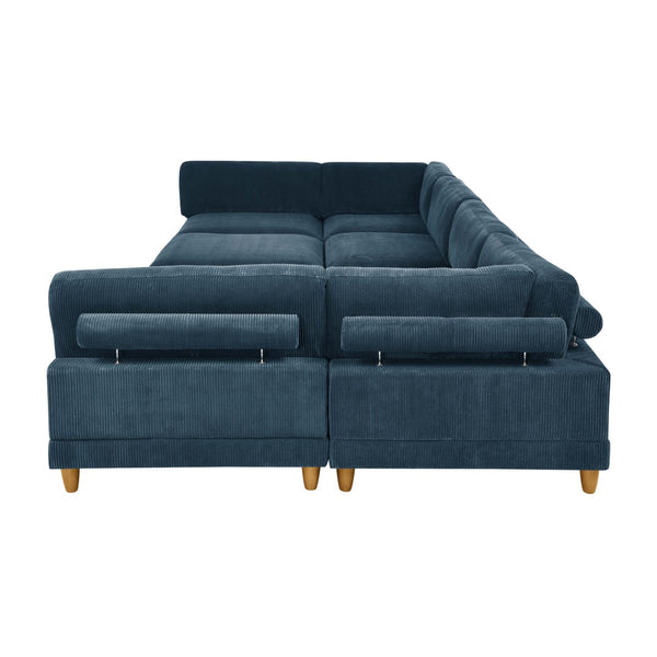 English Elm Large Corduroy Modular Sectional Sofa with Wooden Legs Mid-century Living Room Seating Dark Blue B2748S00217