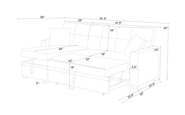 English Elm 76.5 Inch Linen Blend Sleeper Sectional with Tufted Cushions and Reversible Chaise Storage B2748S00226
