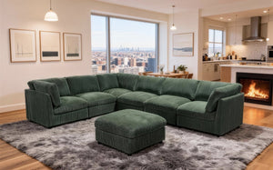 English Elm Corduroy Ribbed Modular Sectional with Reversible Chaise for Modern Living Rooms Dark Green B2748S00229