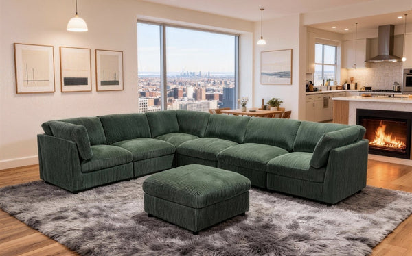 English Elm Corduroy Ribbed Modular Sectional with Reversible Chaise for Modern Living Rooms Dark Green B2748S00229
