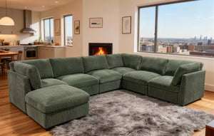 English Elm Corduroy Ribbed Modular Sectional with Reversible Chaise for Modern Living Rooms Dark Green B2748S00229