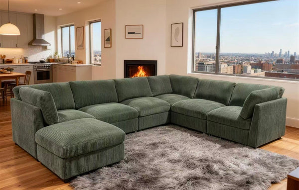 English Elm Corduroy Ribbed Modular Sectional with Reversible Chaise for Modern Living Rooms Dark Green B2748S00229