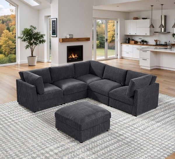 English Elm Corduroy Ribbed Modular Sectional Sofa with Reversible Chaise for Open Living Rooms Dark Gray B2748S00231