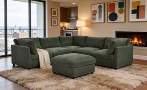 English Elm Corduroy Ribbed Modular Sectional Sofa with Reversible Chaise for Open Living Rooms Dark Green B2748S00237