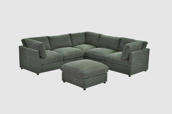 English Elm Corduroy Ribbed Modular Sectional Sofa with Reversible Chaise for Open Living Rooms Dark Green B2748S00237