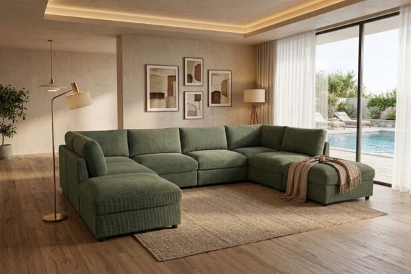 English Elm Corduroy Ribbed Modular Sectional Sofa with Reversible Chaise for Living Rooms Dark Green B2748S00238