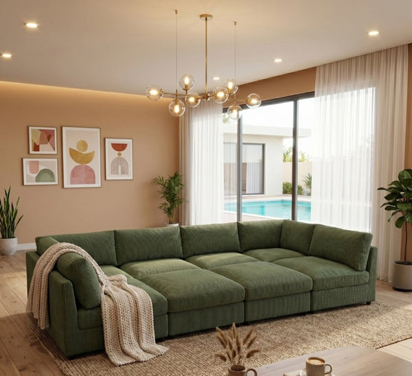 English Elm Corduroy Ribbed Modular Sectional Sofa with Reversible Chaise for Living Rooms Dark Green B2748S00238