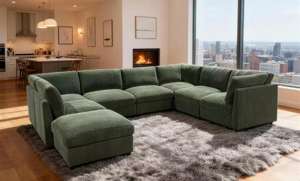English Elm Corduroy Modular Sectional with Reversible Chaise and Ribbed Texture for Living Room Dark Green B2748S00239