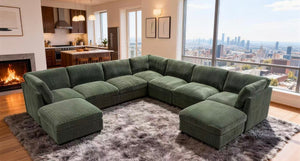 English Elm Corduroy Reversible Modular Sectional Sofa with L Shaped Chaise for Living Rooms Dark Green B2748S00240
