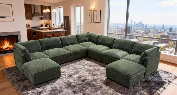 English Elm Corduroy Reversible Modular Sectional Sofa with L Shaped Chaise for Living Rooms Dark Green B2748S00240