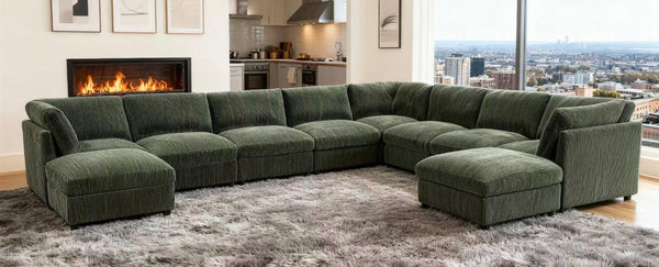 English Elm Corduroy Reversible Sectional with Ribbed Texture and Flexible Chaise for Living Rooms Dark Green B2748S00241