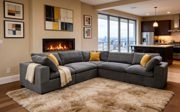 English Elm Coffee Bean Upholstered Modular Sectional with Toss Pillows for Large Living Rooms B2748S00242