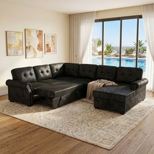 English Elm Faux Leather Tufted U-Shaped Sectional with Pull Out Sleeper and Chaise Storage B2748S00243