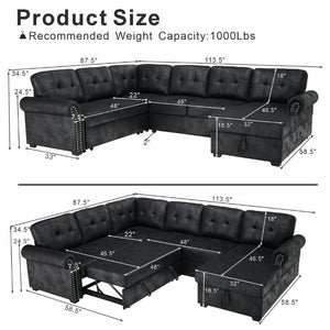 English Elm Faux Leather Tufted U-Shaped Sectional with Pull Out Sleeper and Chaise Storage B2748S00243
