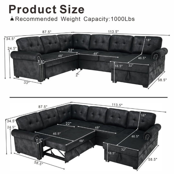 English Elm Faux Leather Tufted U-Shaped Sectional with Pull Out Sleeper and Chaise Storage B2748S00243