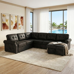 English Elm Faux Leather Tufted U-Shaped Sectional with Pull Out Sleeper and Chaise Storage B2748S00243