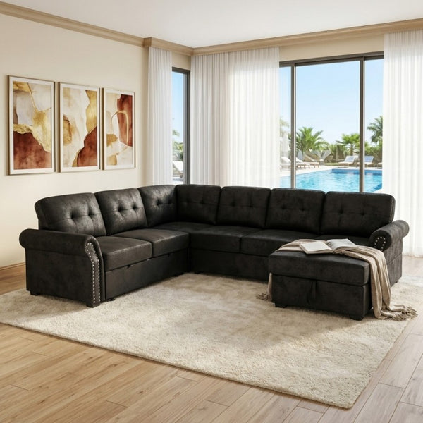 English Elm Faux Leather Tufted U-Shaped Sectional with Pull Out Sleeper and Chaise Storage B2748S00243