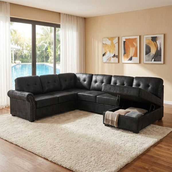 English Elm Faux Leather Tufted U-Shaped Sectional with Pull Out Sleeper and Chaise Storage B2748S00243