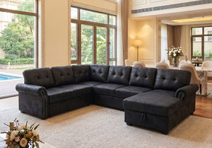 English Elm Faux Leather Tufted U-Shaped Sectional with Pull Out Sleeper and Chaise Storage B2748S00243