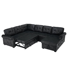 English Elm Faux Leather Tufted U-Shaped Sectional with Pull Out Sleeper and Chaise Storage B2748S00243