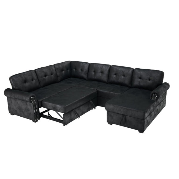 English Elm Faux Leather Tufted U-Shaped Sectional with Pull Out Sleeper and Chaise Storage B2748S00243
