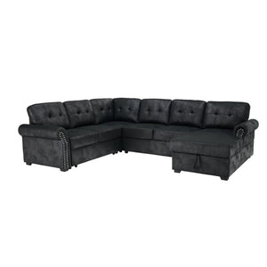 English Elm Faux Leather Tufted U-Shaped Sectional with Pull Out Sleeper and Chaise Storage B2748S00243